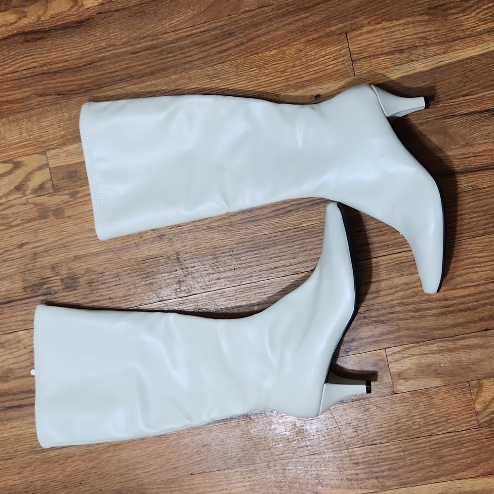 Off white faux leather knee high boots size 8.5